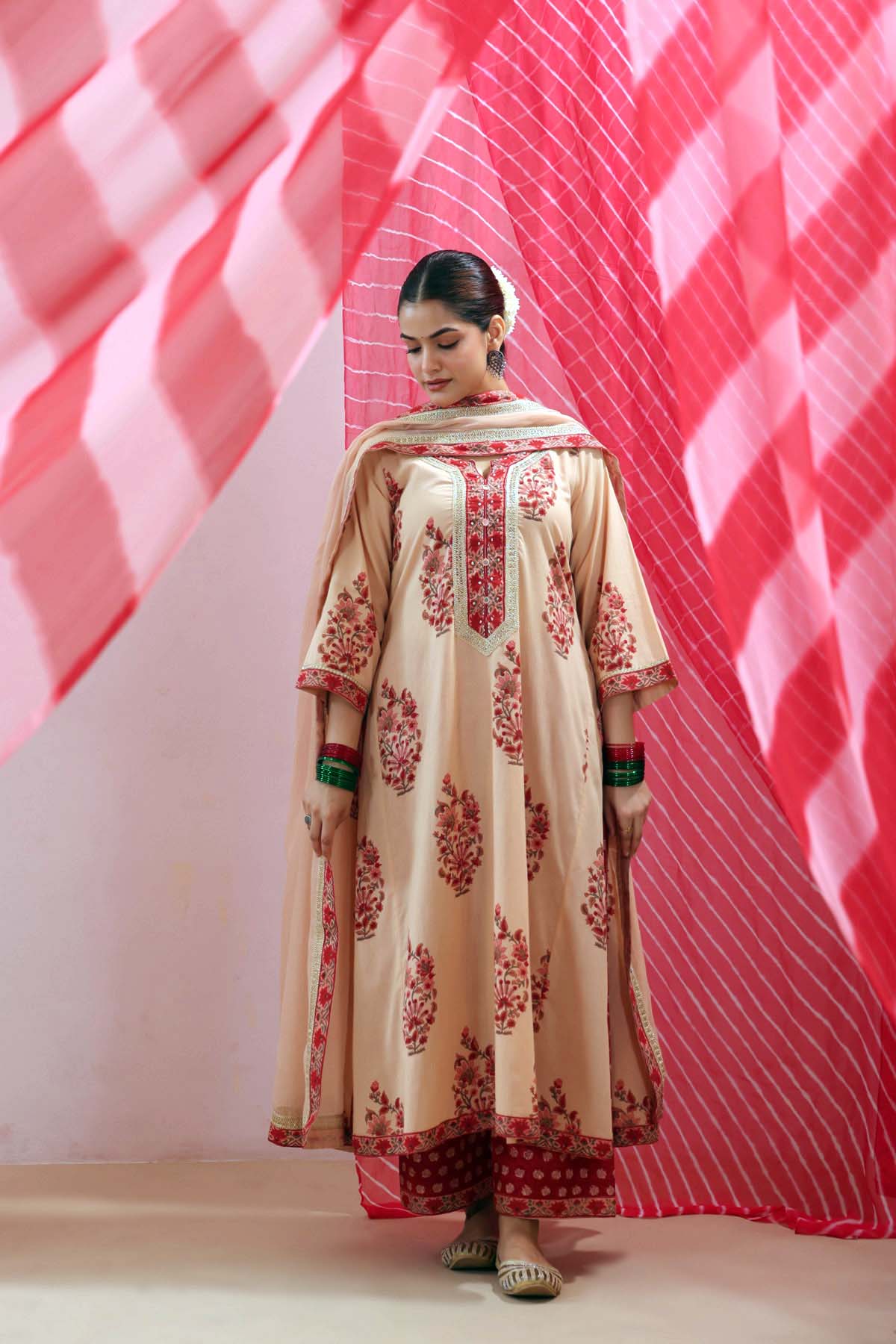 Beige Kota Doria Dupatta with Red Printed Border