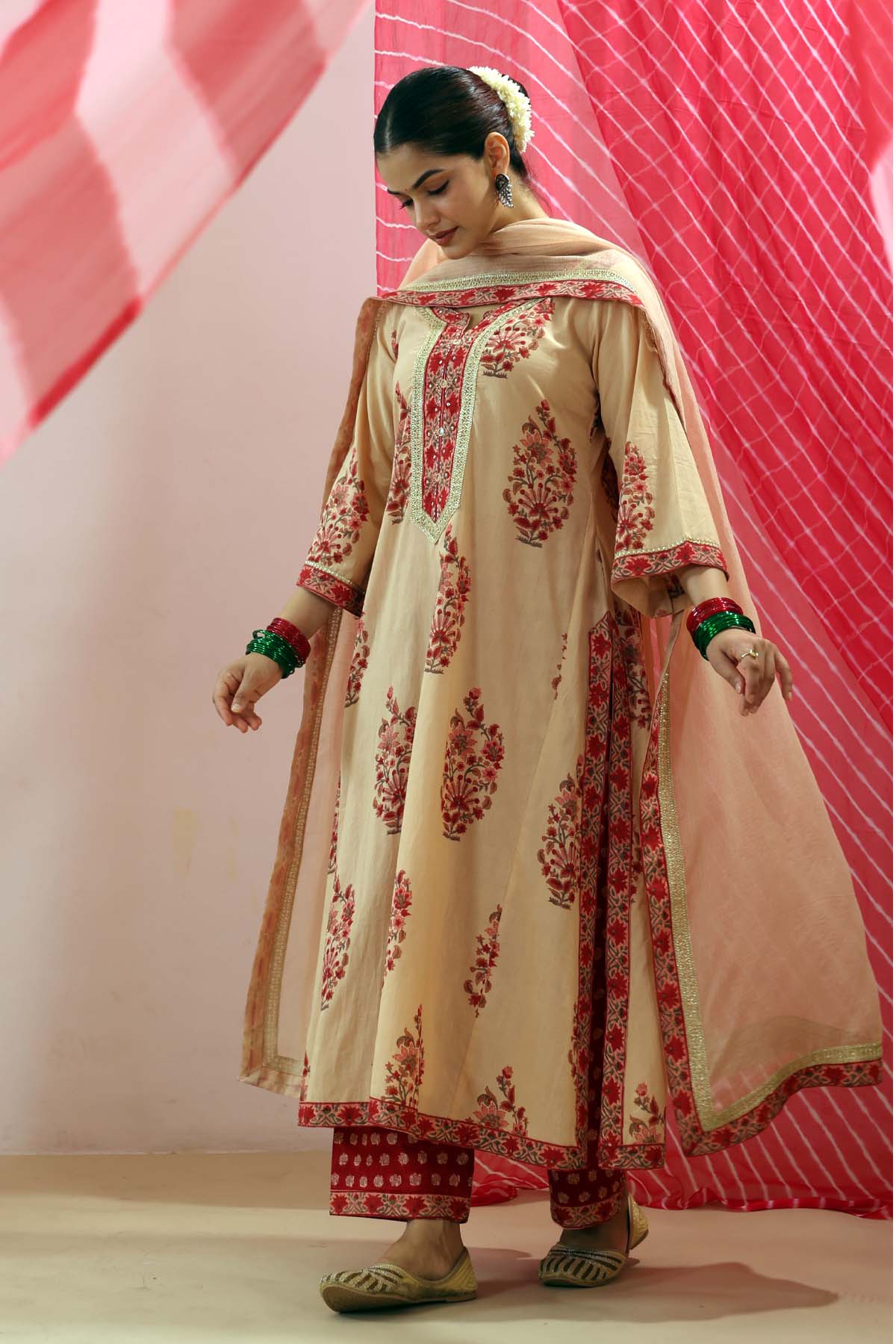 Beige Kota Doria Dupatta with Red Printed Border