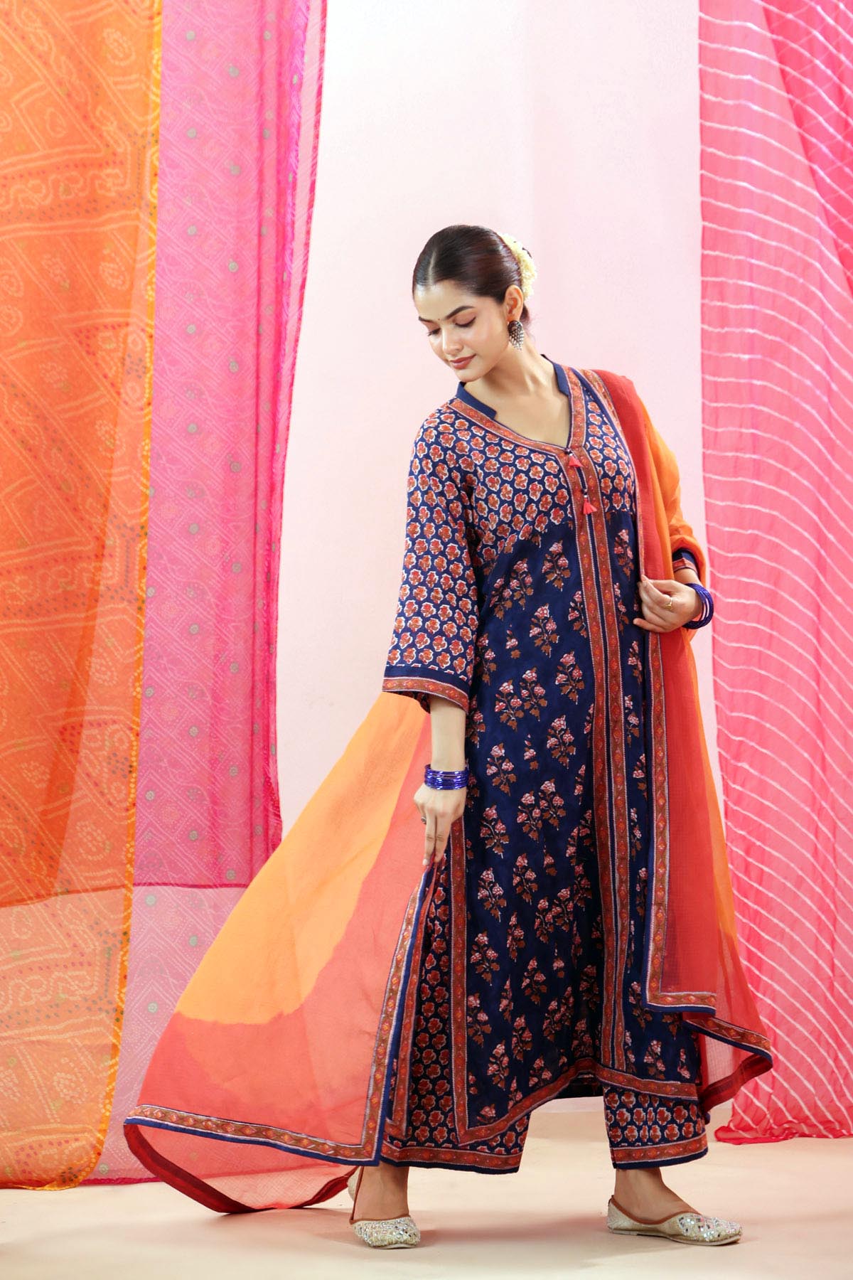 Orange-Red Ombre Kota Doria Dupatta with Printed Border