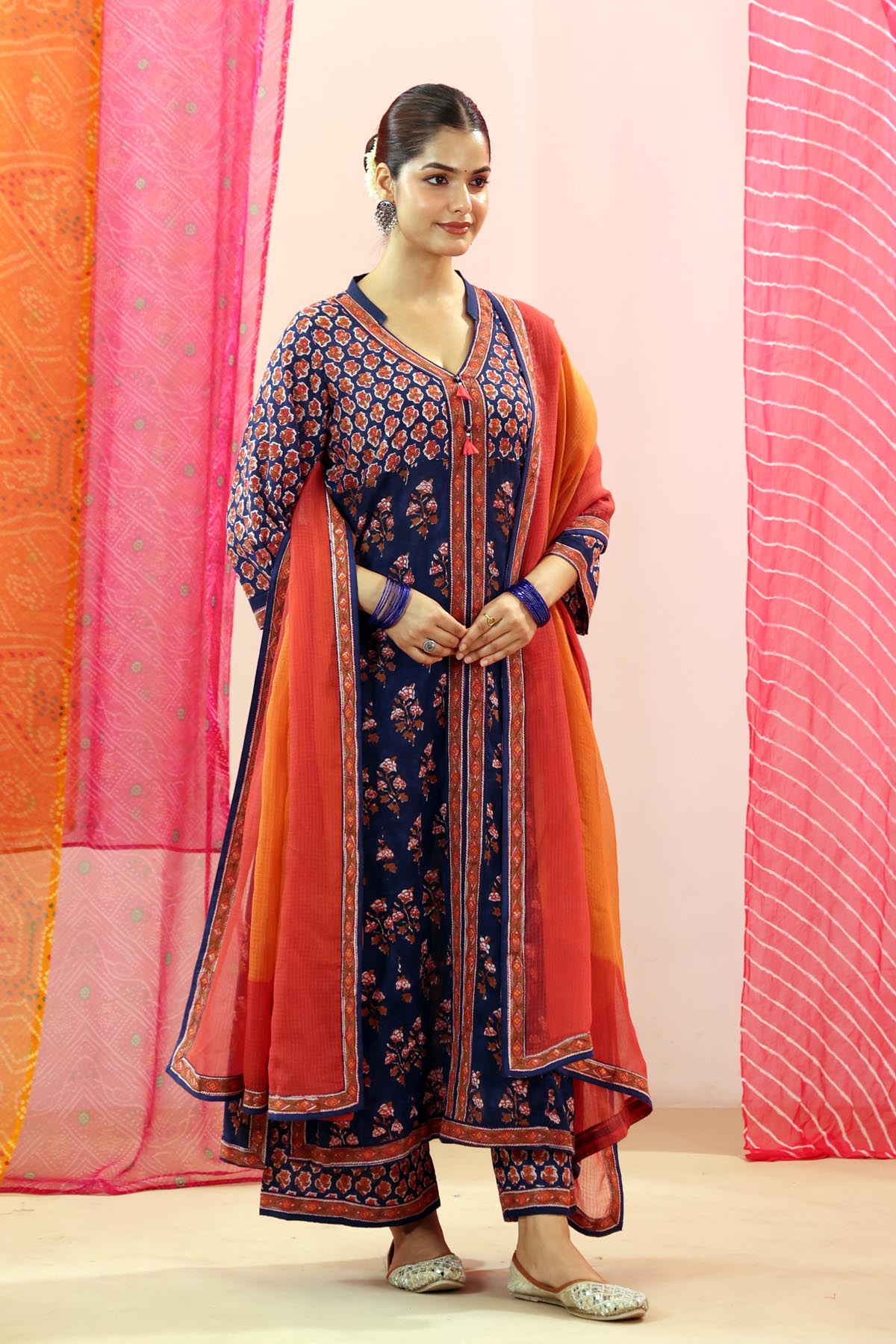 Orange-Red Ombre Kota Doria Dupatta with Printed Border