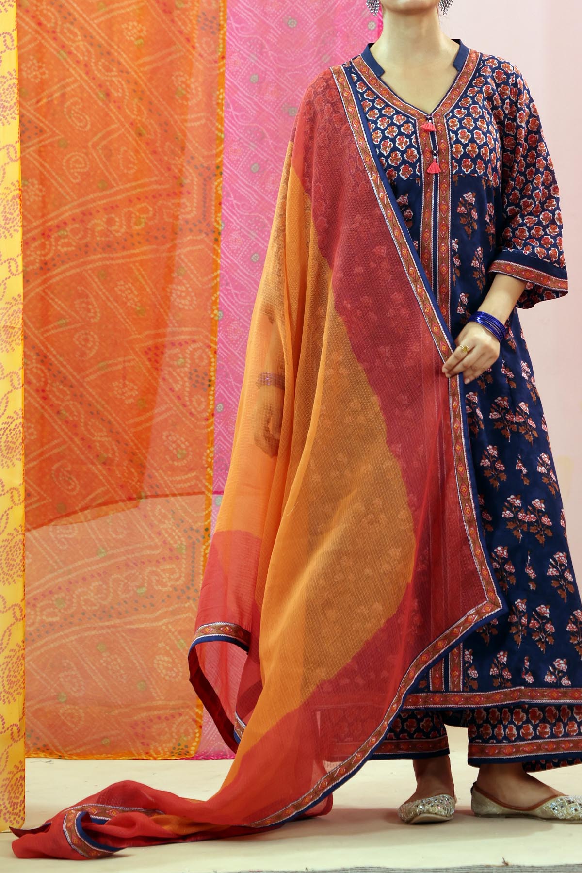 Orange-Red Ombre Kota Doria Dupatta with Printed Border