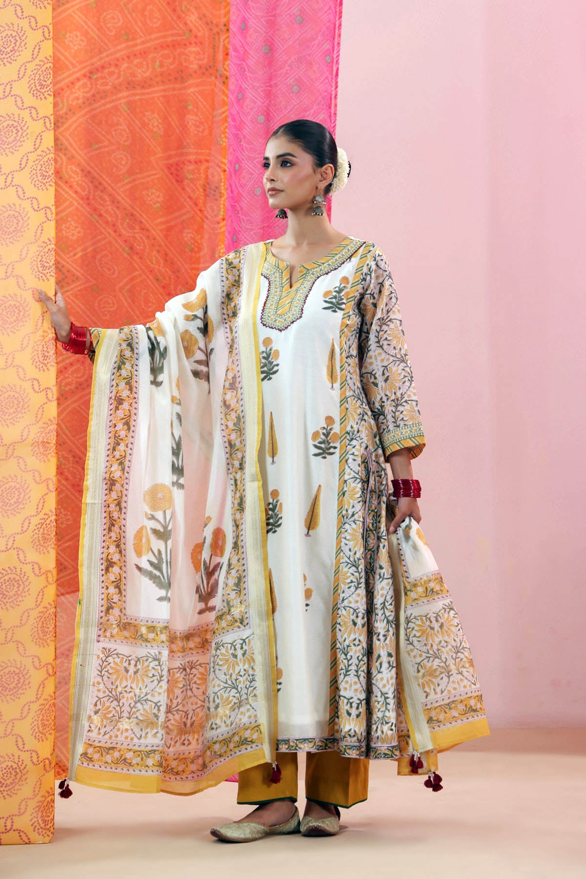 Off-White Handblock Printed Chanderi Dupatta with Tassels