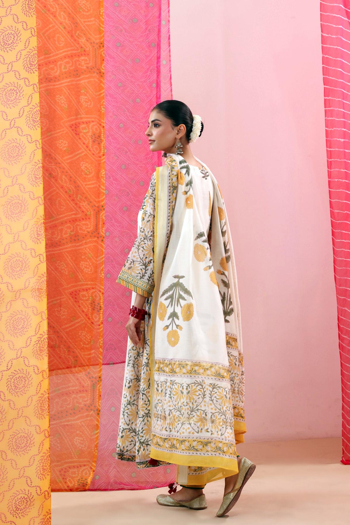 Off-White Handblock Printed Chanderi Dupatta with Tassels