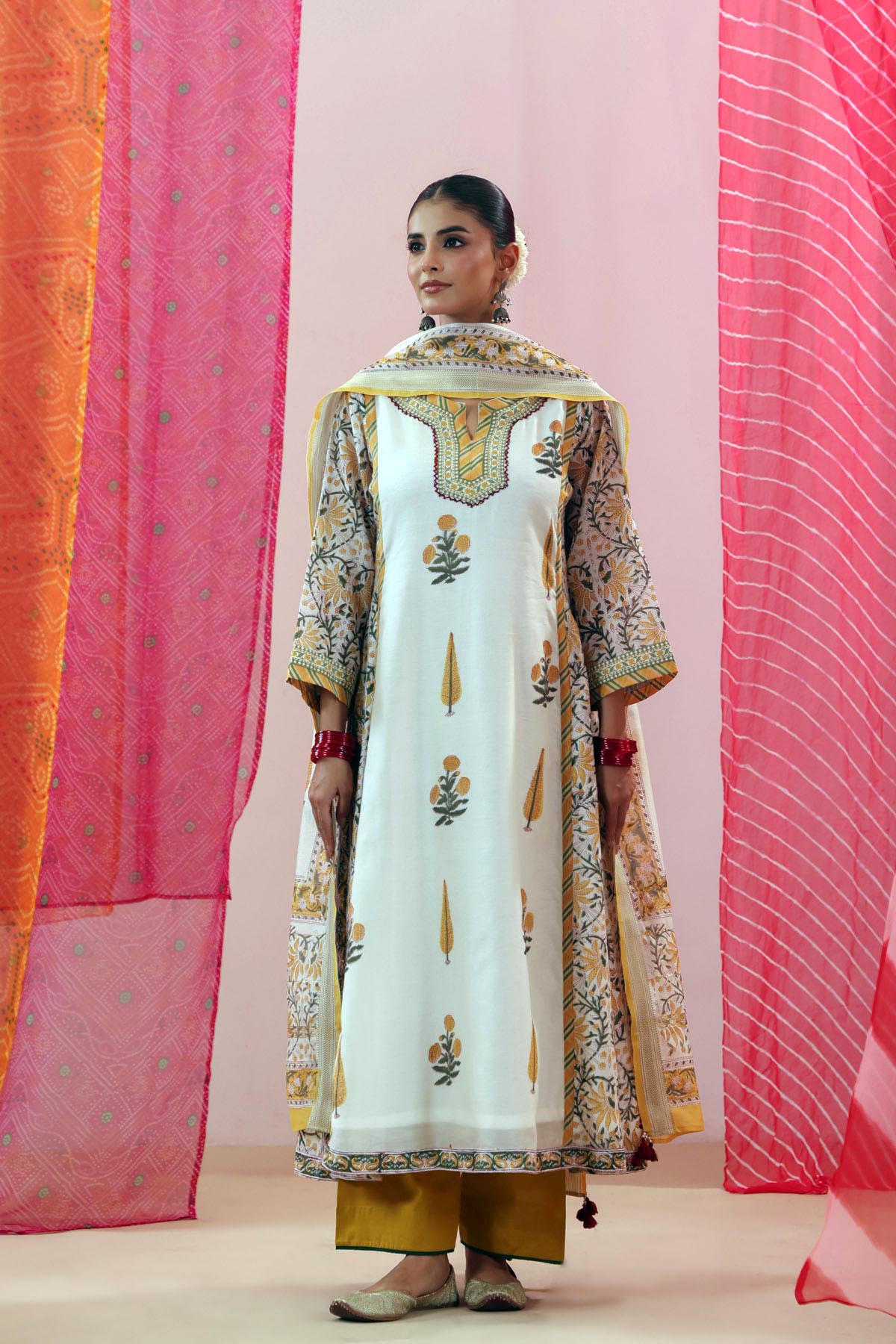 Off-White Handblock Printed Chanderi Dupatta with Tassels