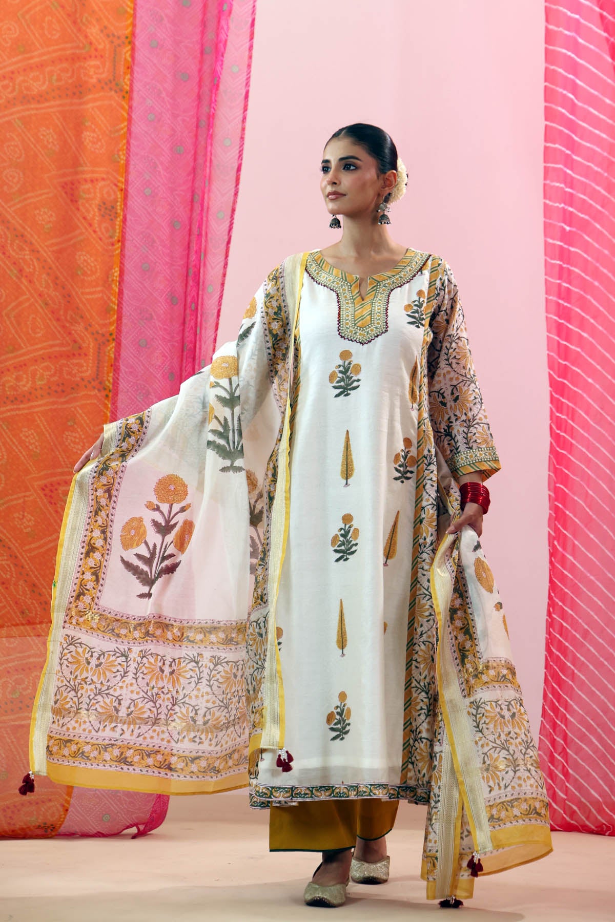 Off-White Handblock Printed Chanderi Dupatta with Tassels