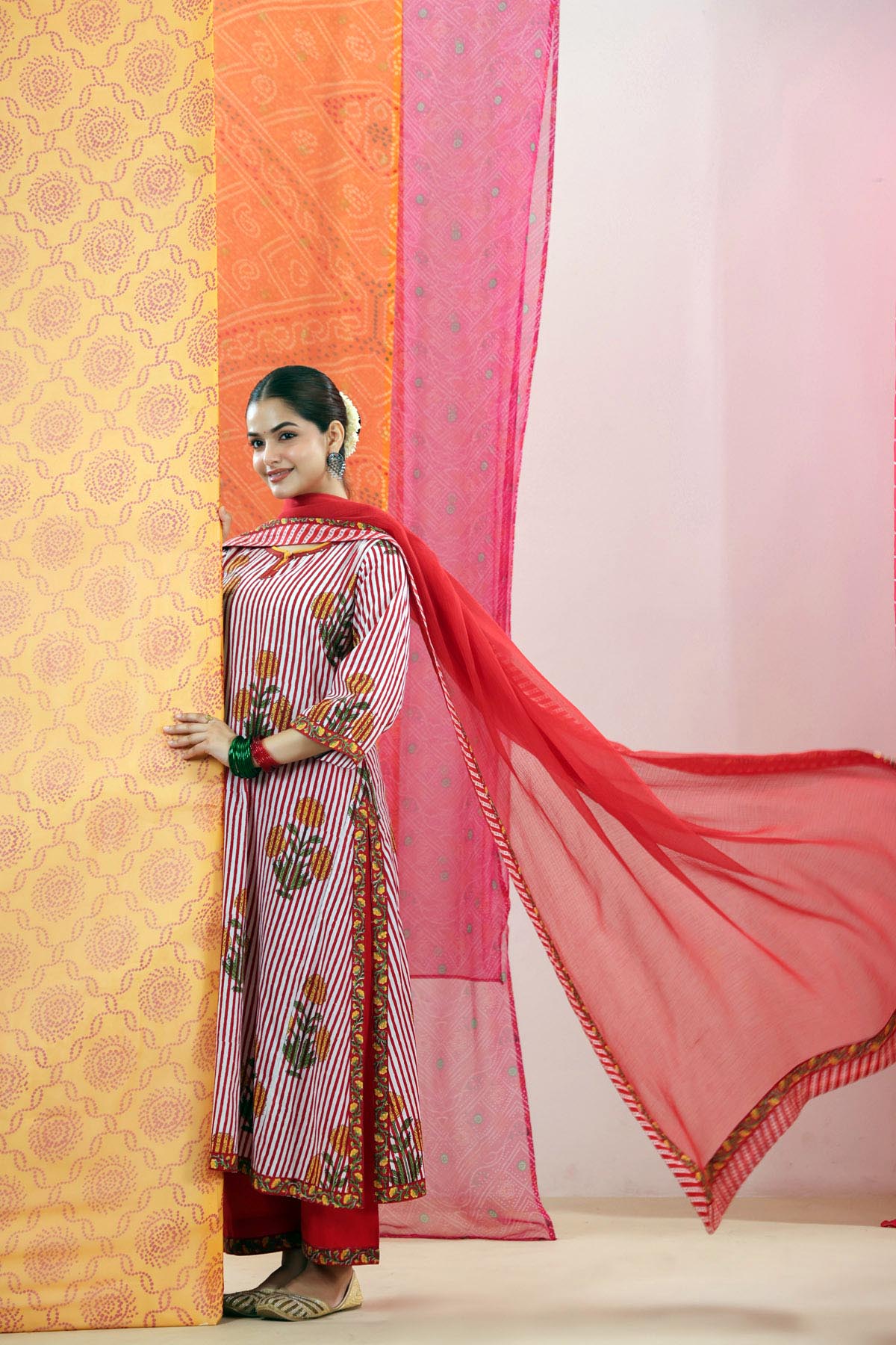 Red Kota Doria Dupatta with Striped Floral Border