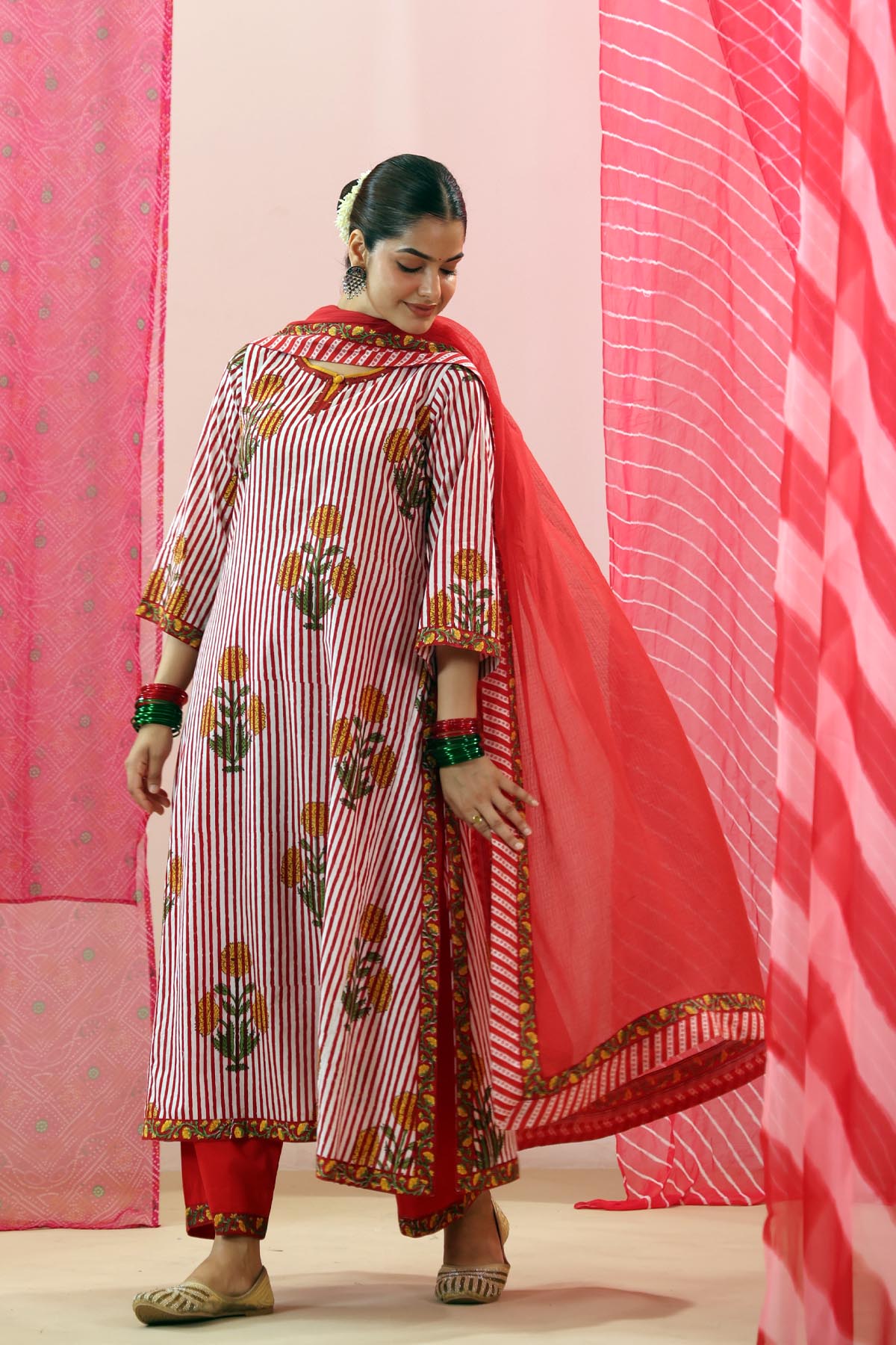 Red Kota Doria Dupatta with Striped Floral Border