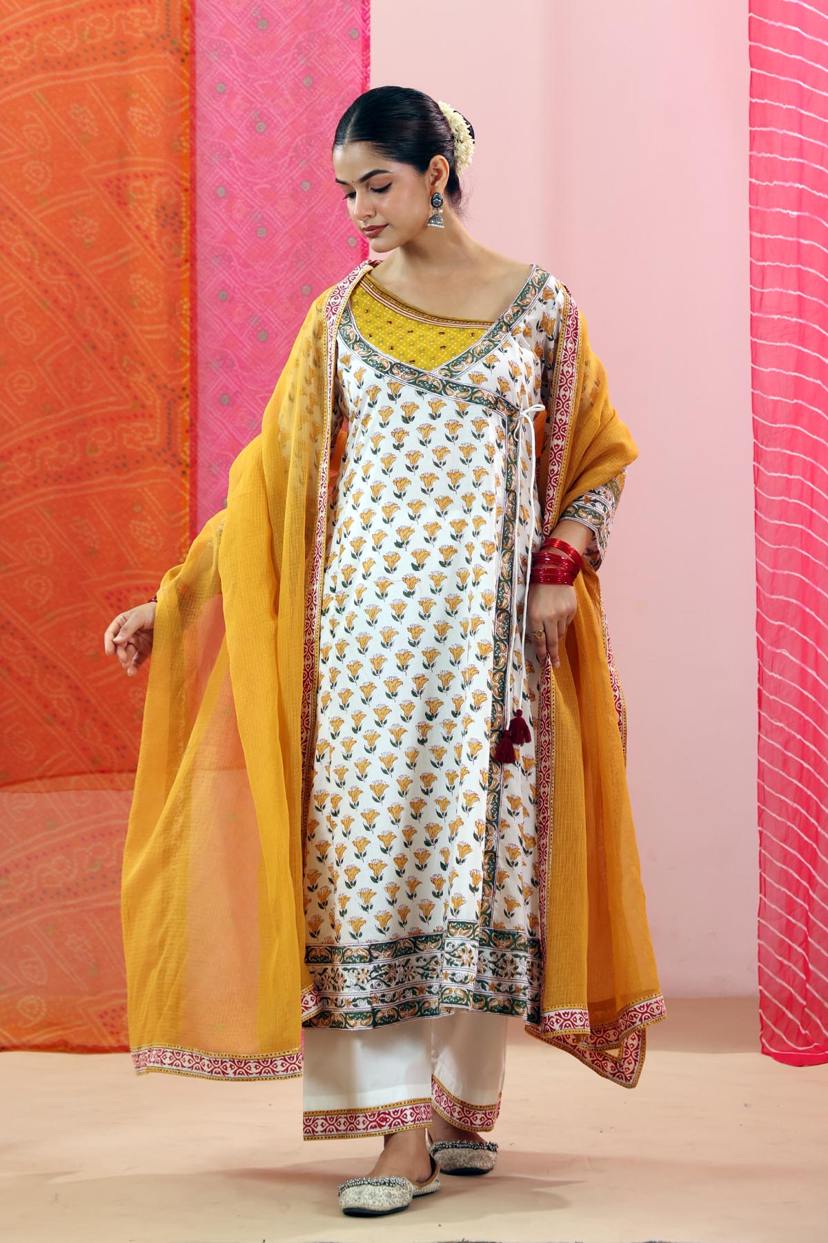 Mustard KotaDoria Dupatta with Red Border