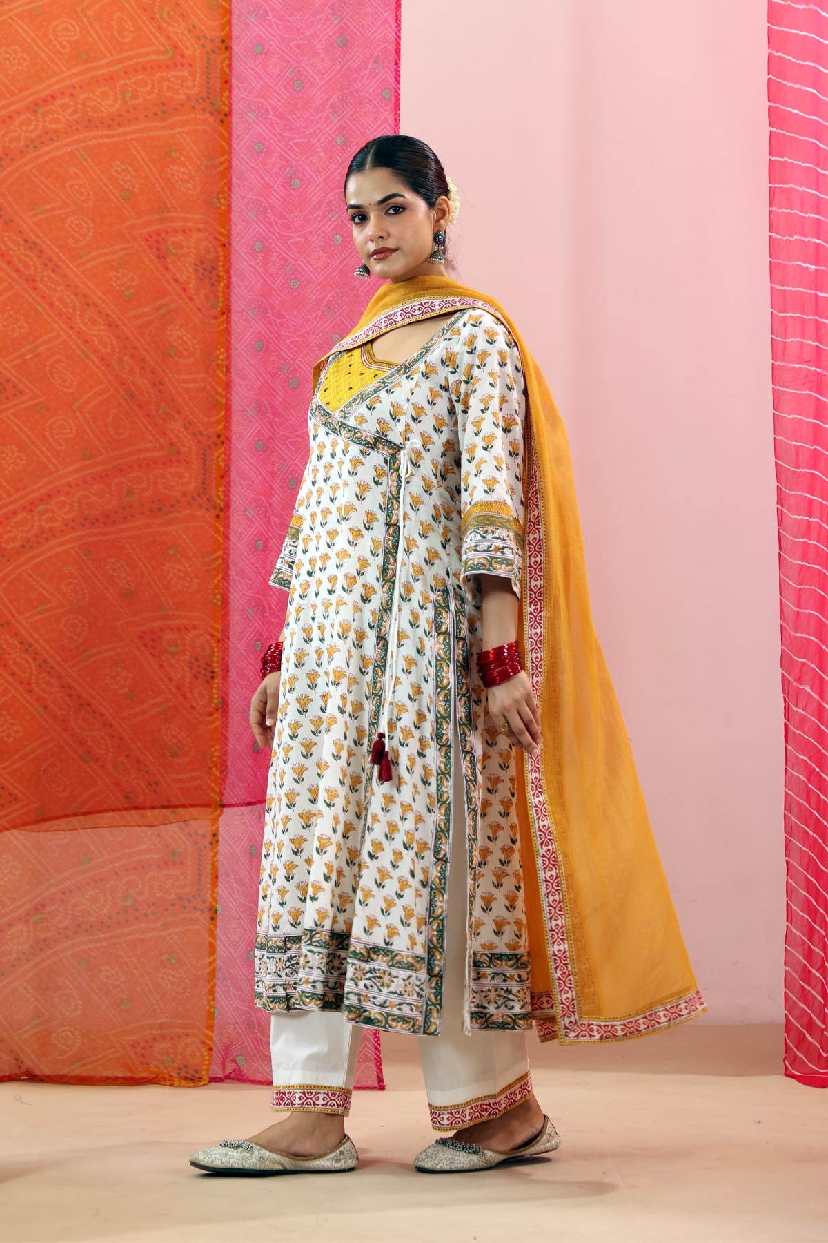 Mustard KotaDoria Dupatta with Red Border