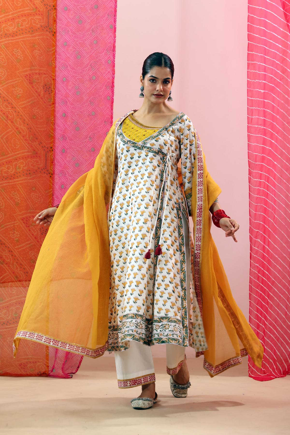 Mustard KotaDoria Dupatta with Red Border