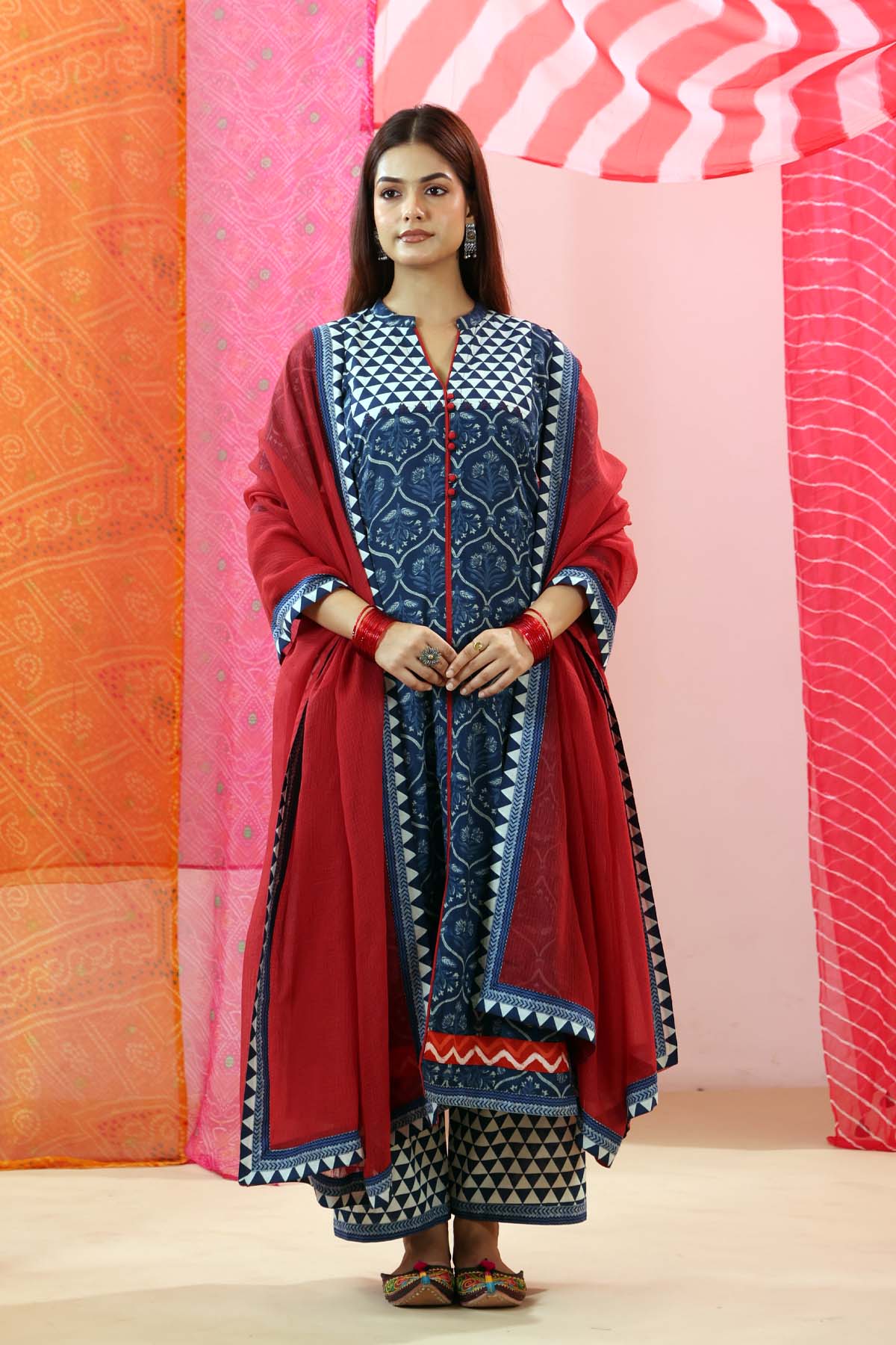 Red Kota Doria Dupatta with Pattern Borders
