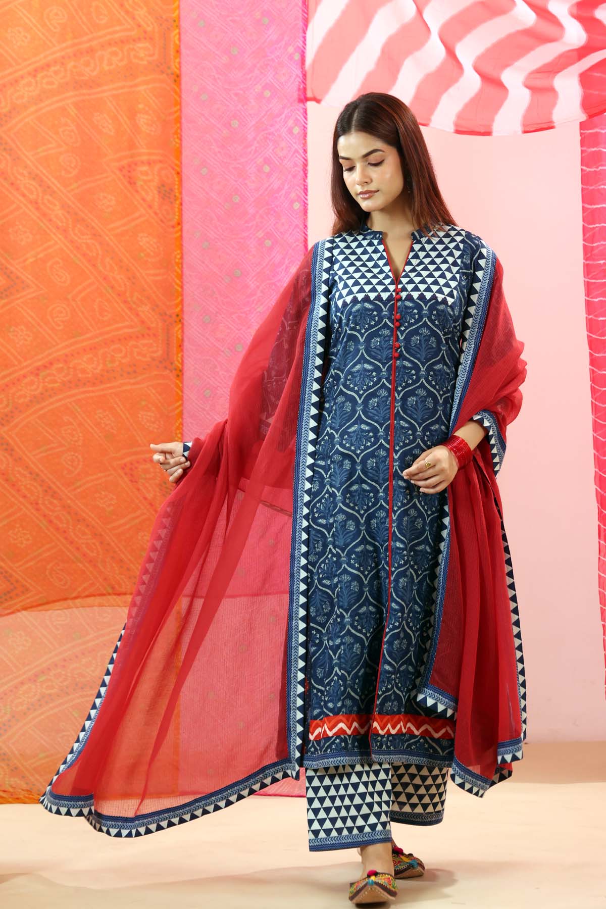 Red Kota Doria Dupatta with Pattern Borders