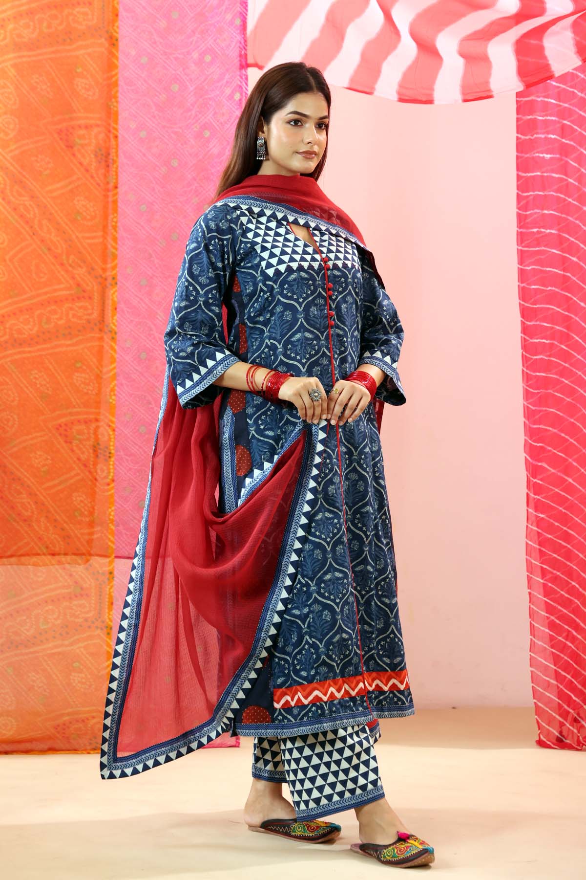 Red Kota Doria Dupatta with Pattern Borders