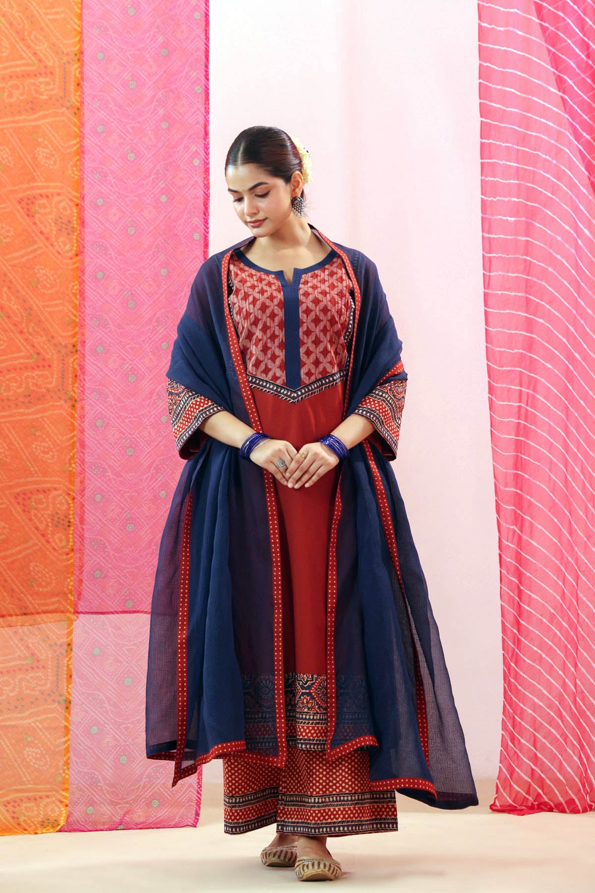 Navy Blue Kota Doria Dupatta with Polka Dot Border