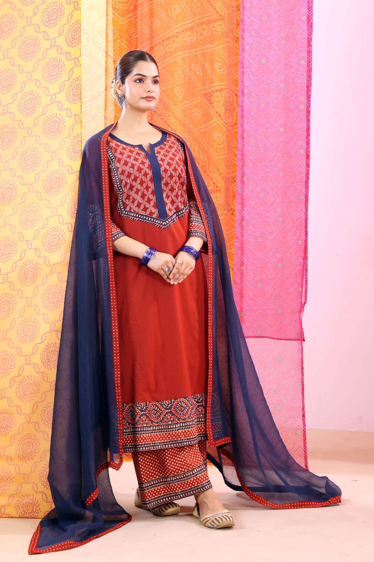 Navy Blue Kota Doria Dupatta with Polka Dot Border