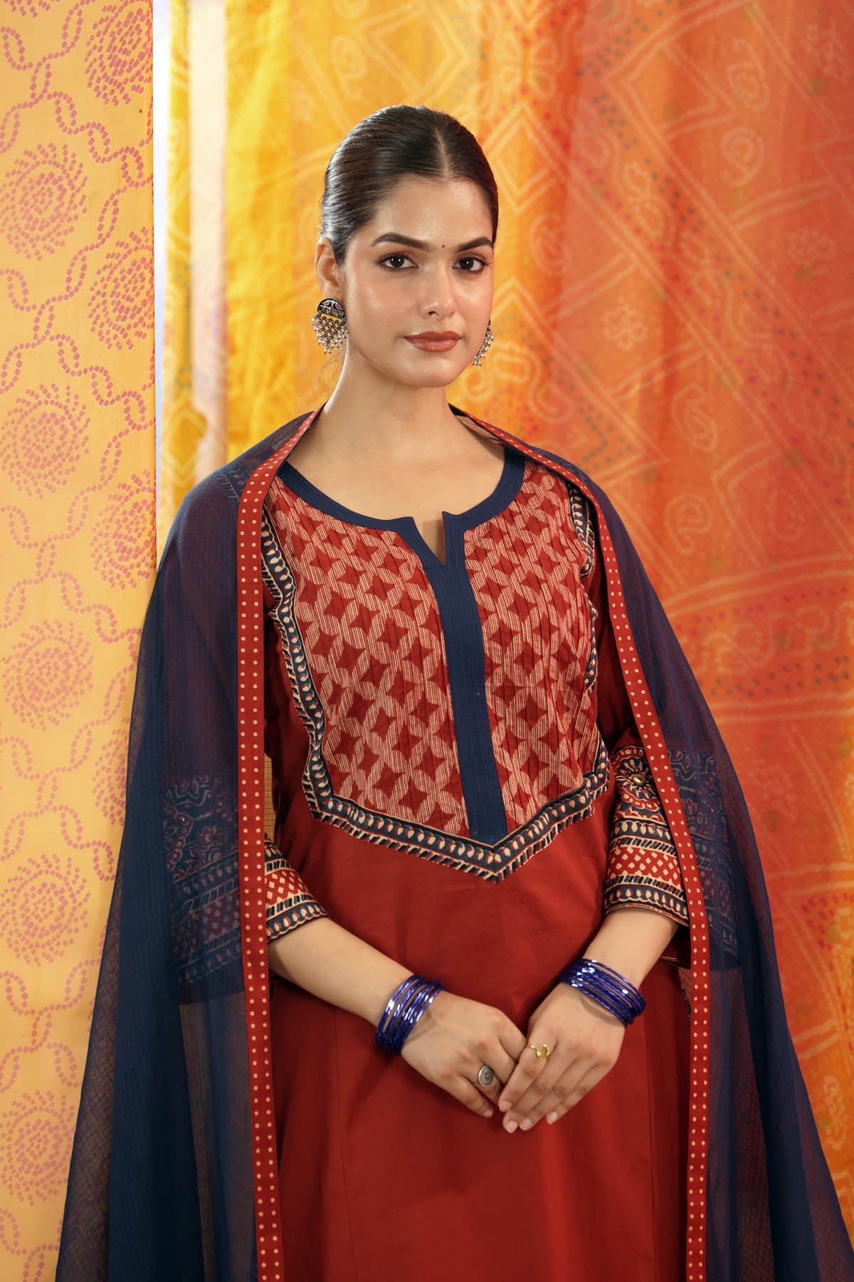 Navy Blue Kota Doria Dupatta with Polka Dot Border