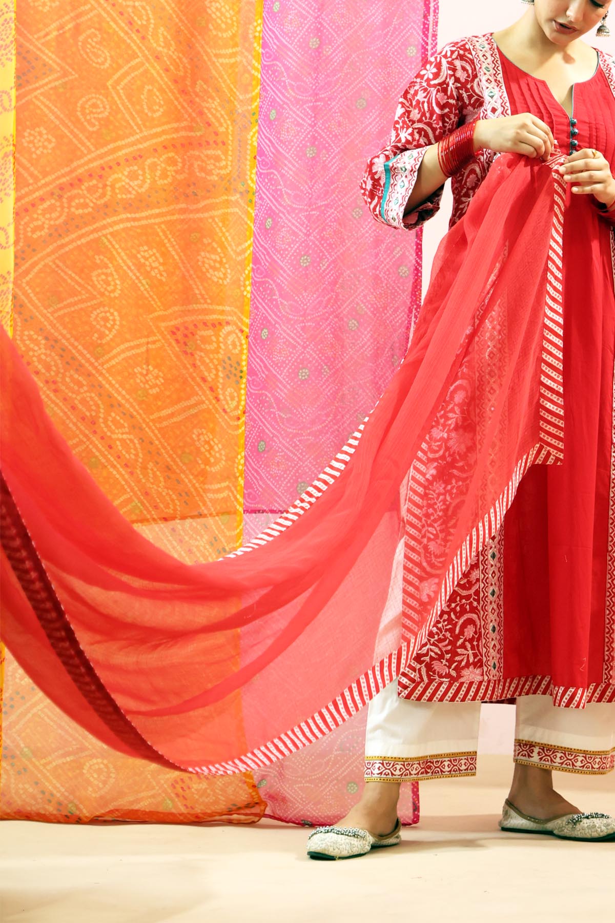 Red Kota Doria Striped Border Dupatta