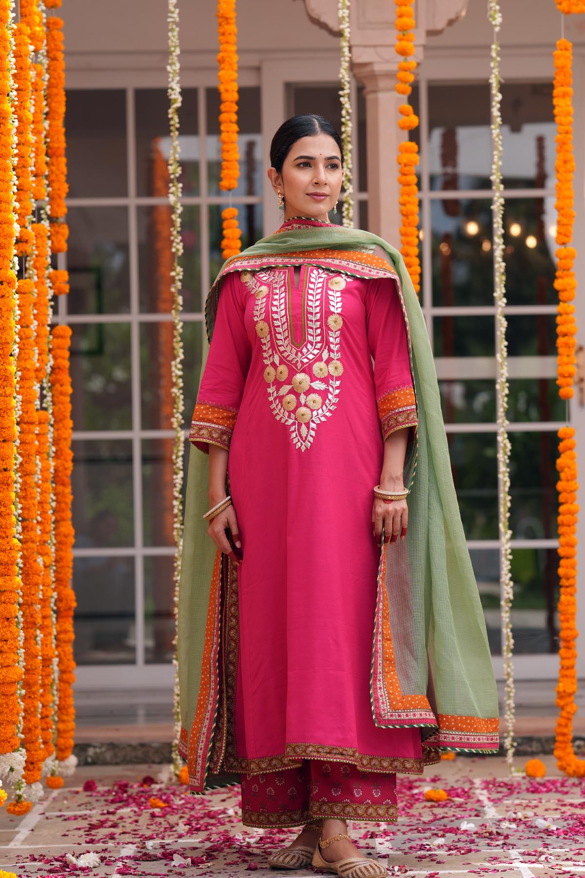 Sage Green Kota Doria Printed Border Dupatta