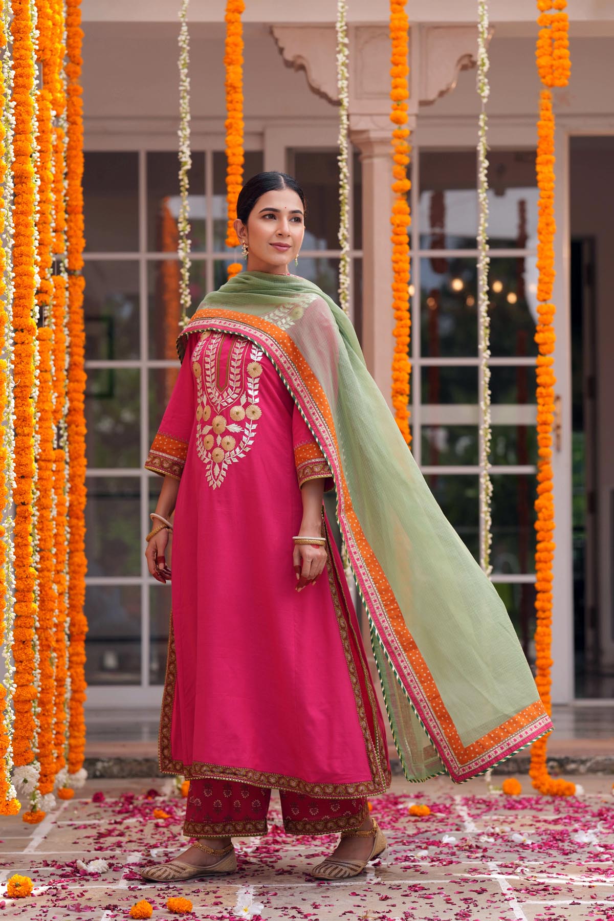 Sage Green Kota Doria Printed Border Dupatta