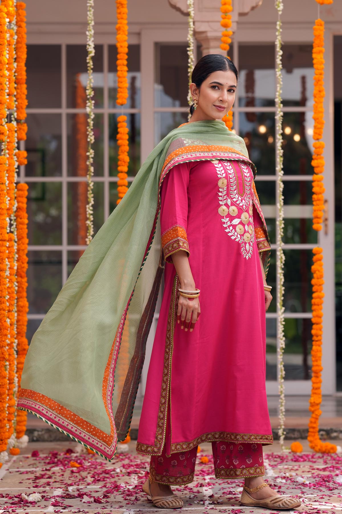 Sage Green Kota Doria Printed Border Dupatta