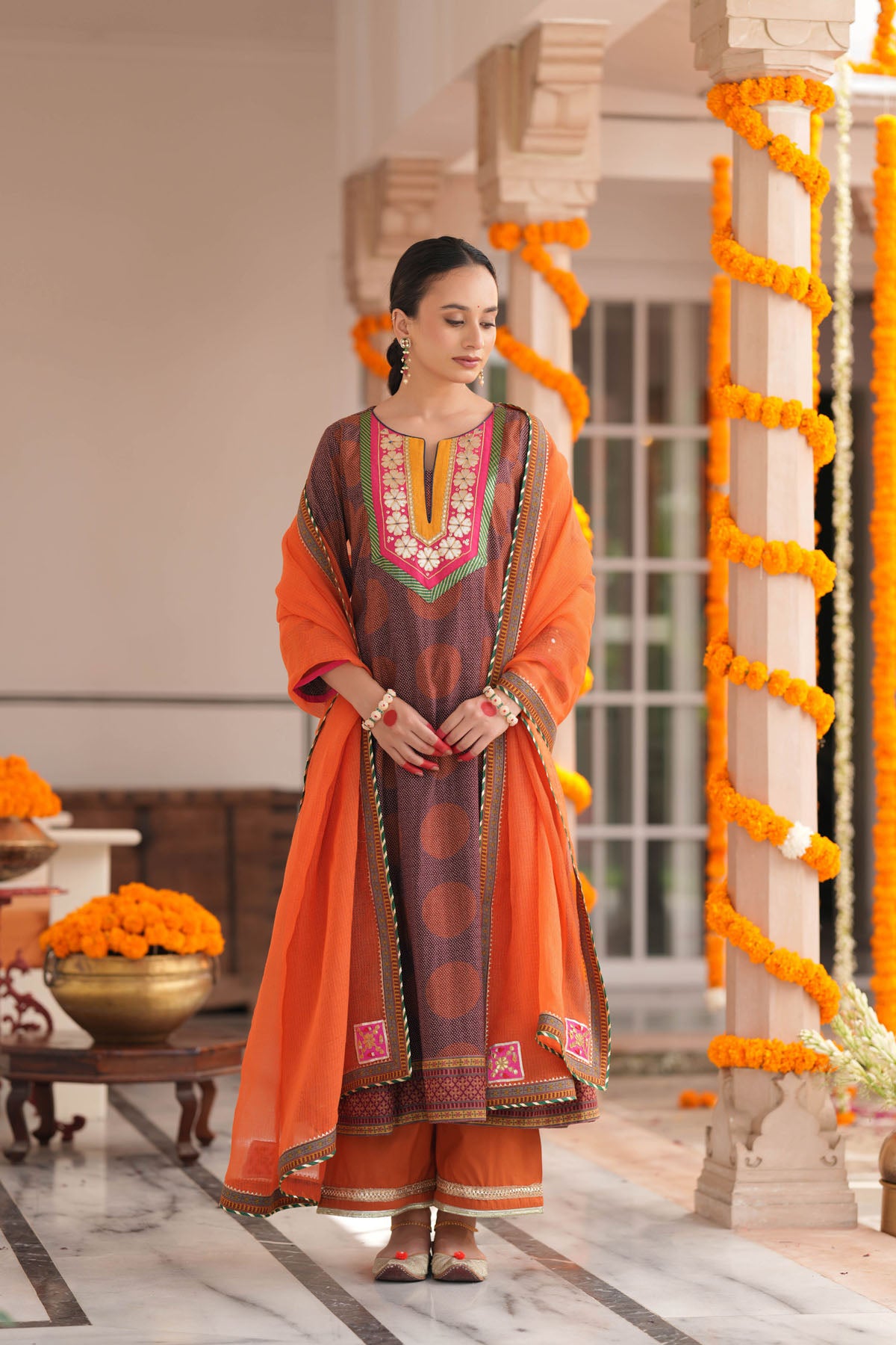 Orange Kota Doria Applique Dupatta