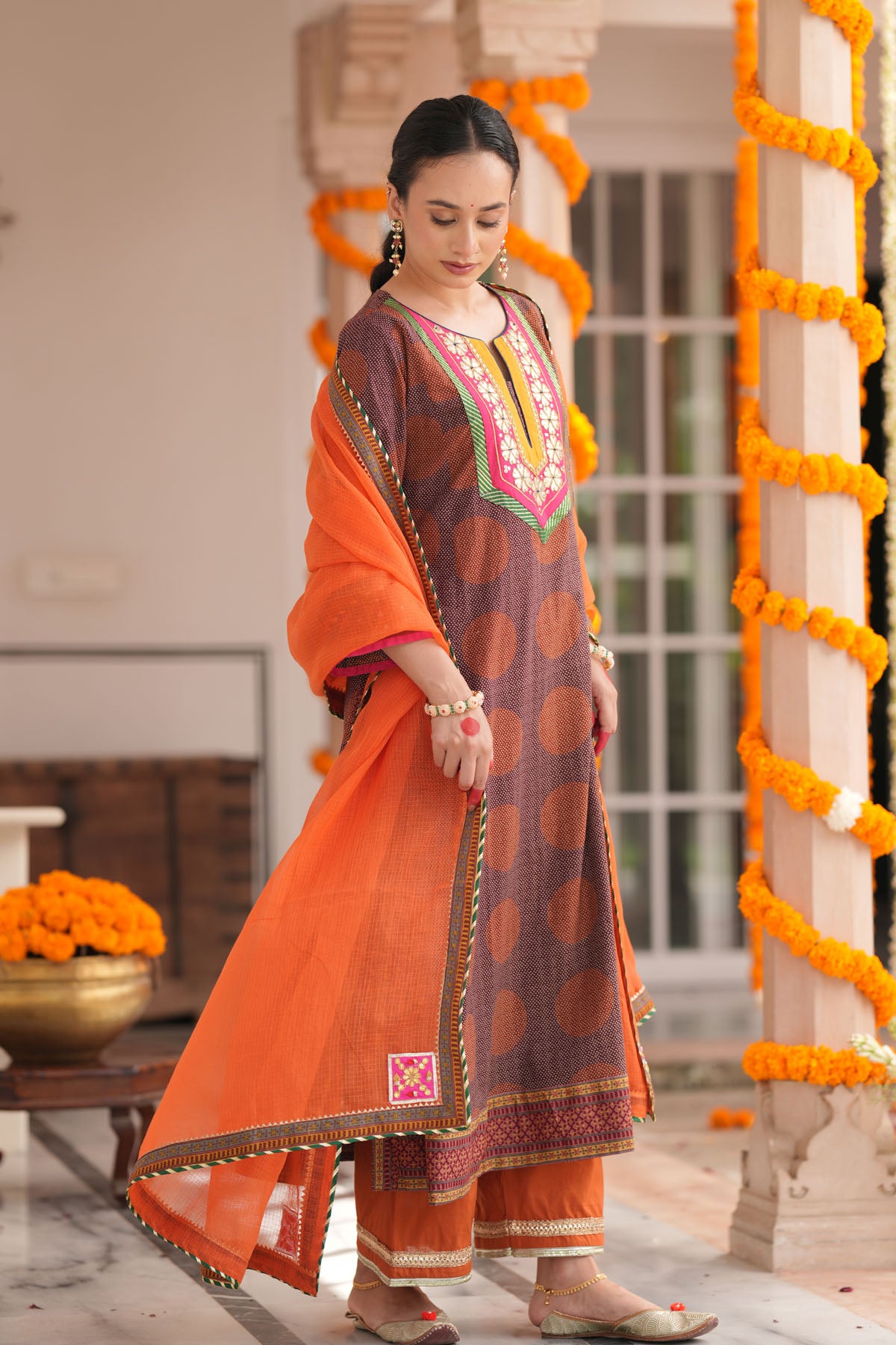 Orange Kota Doria Applique Dupatta