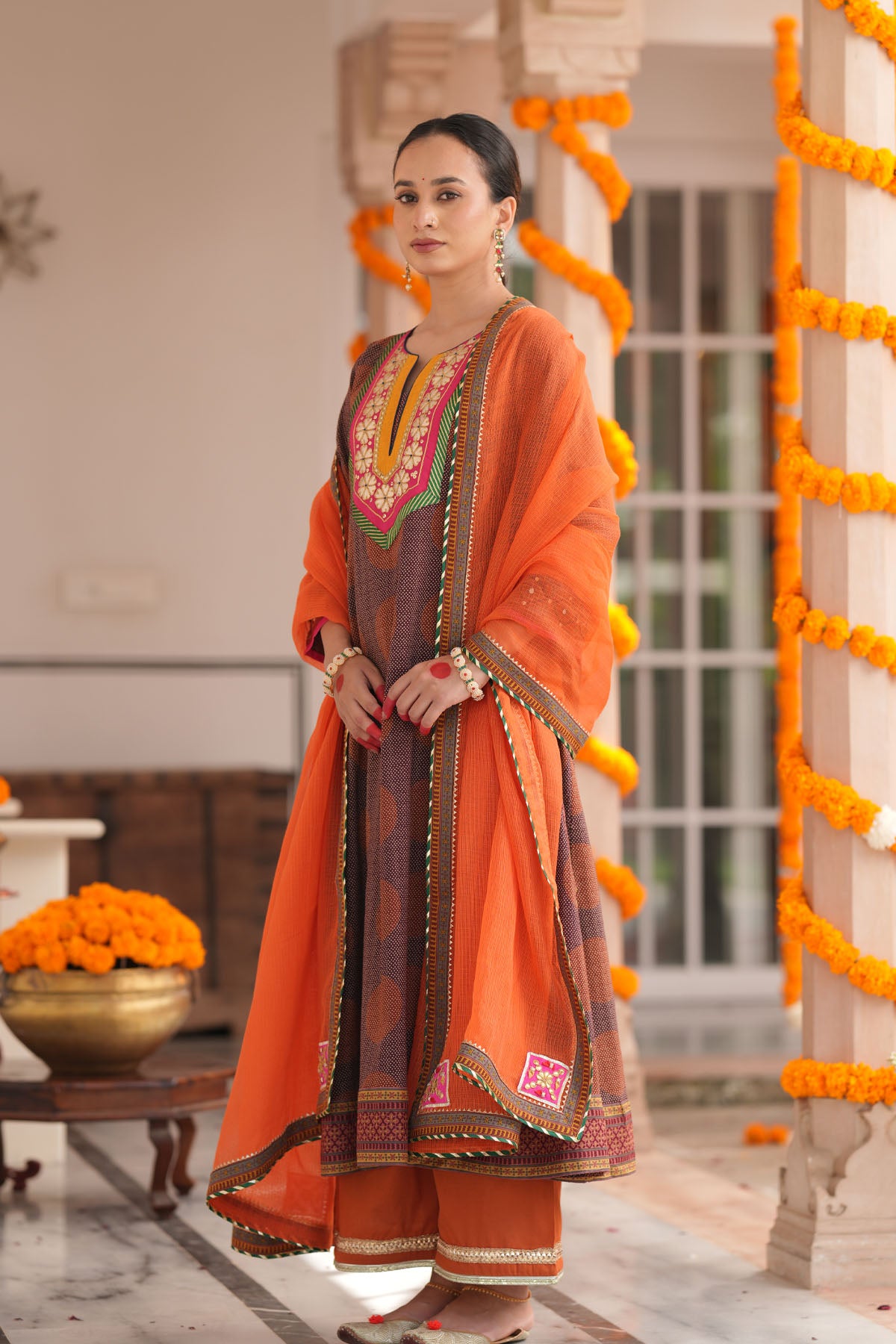 Orange Kota Doria Applique Dupatta