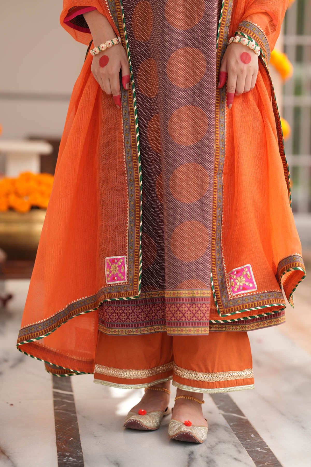 Orange Kota Doria Applique Dupatta