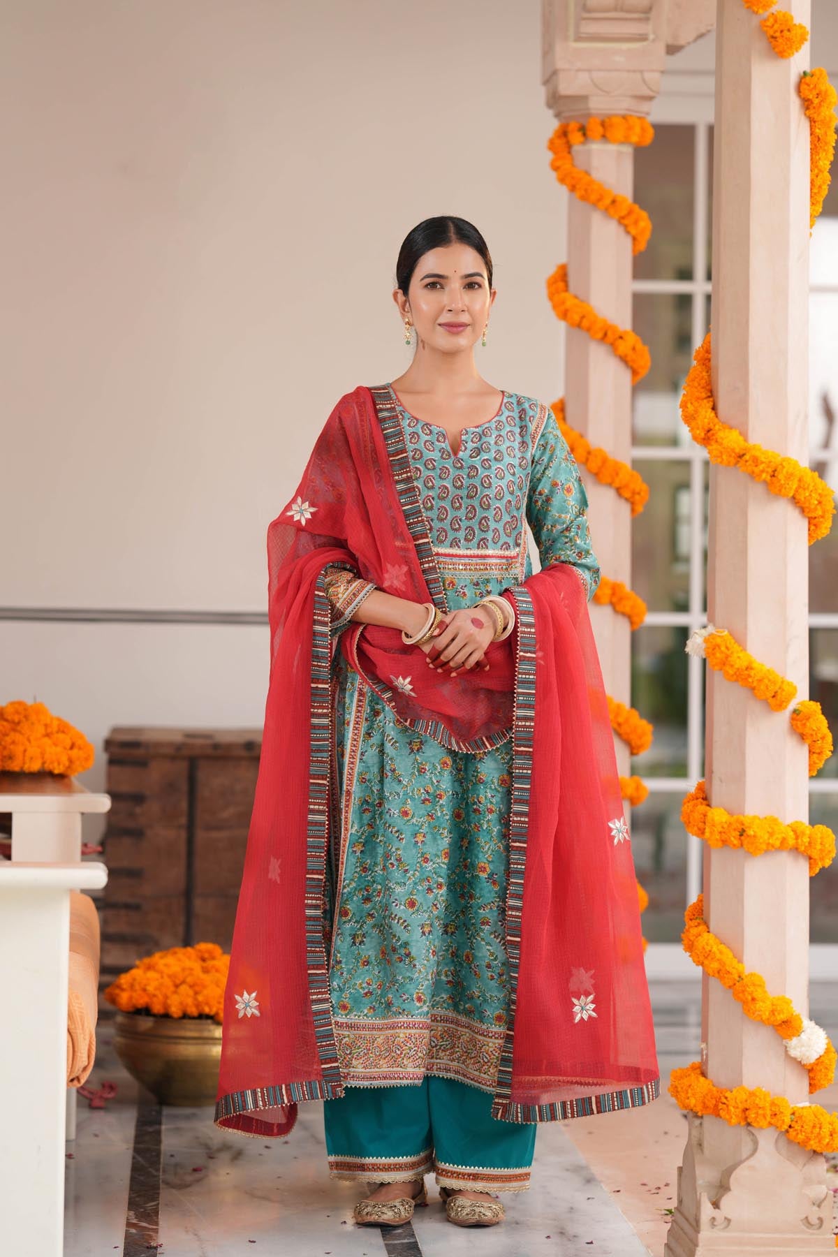 Red Kota Doria Motif Dupatta with Borders