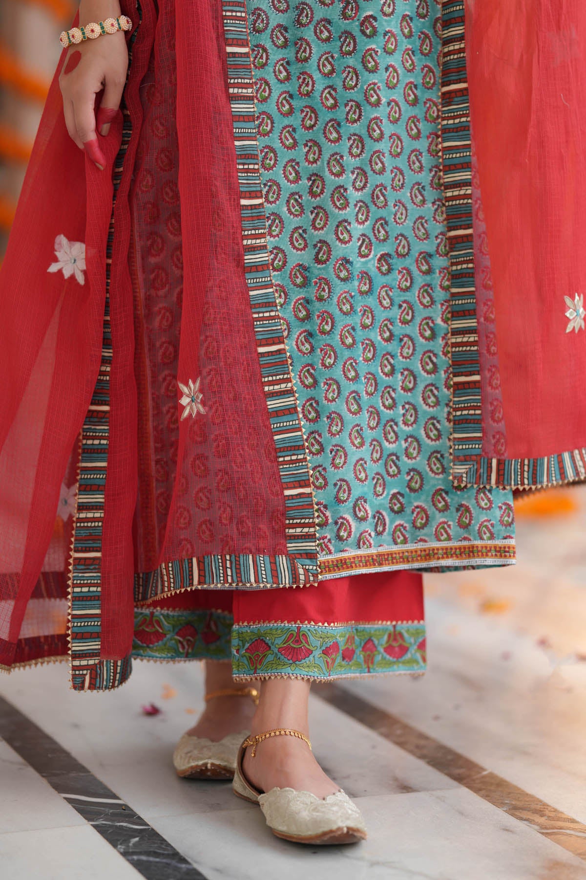 Red Kota Doria Motif Dupatta with Borders