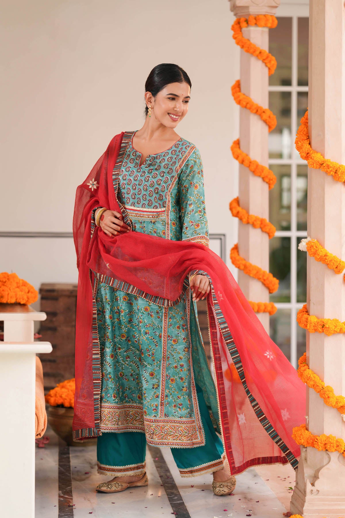 Red Kota Doria Motif Dupatta with Borders