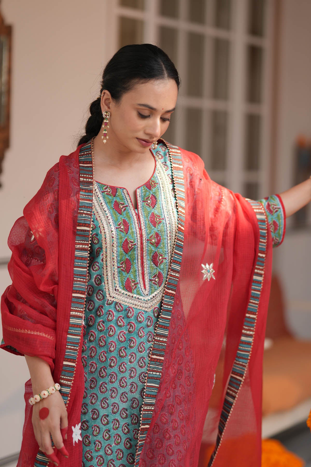 Red Kota Doria Motif Dupatta with Borders