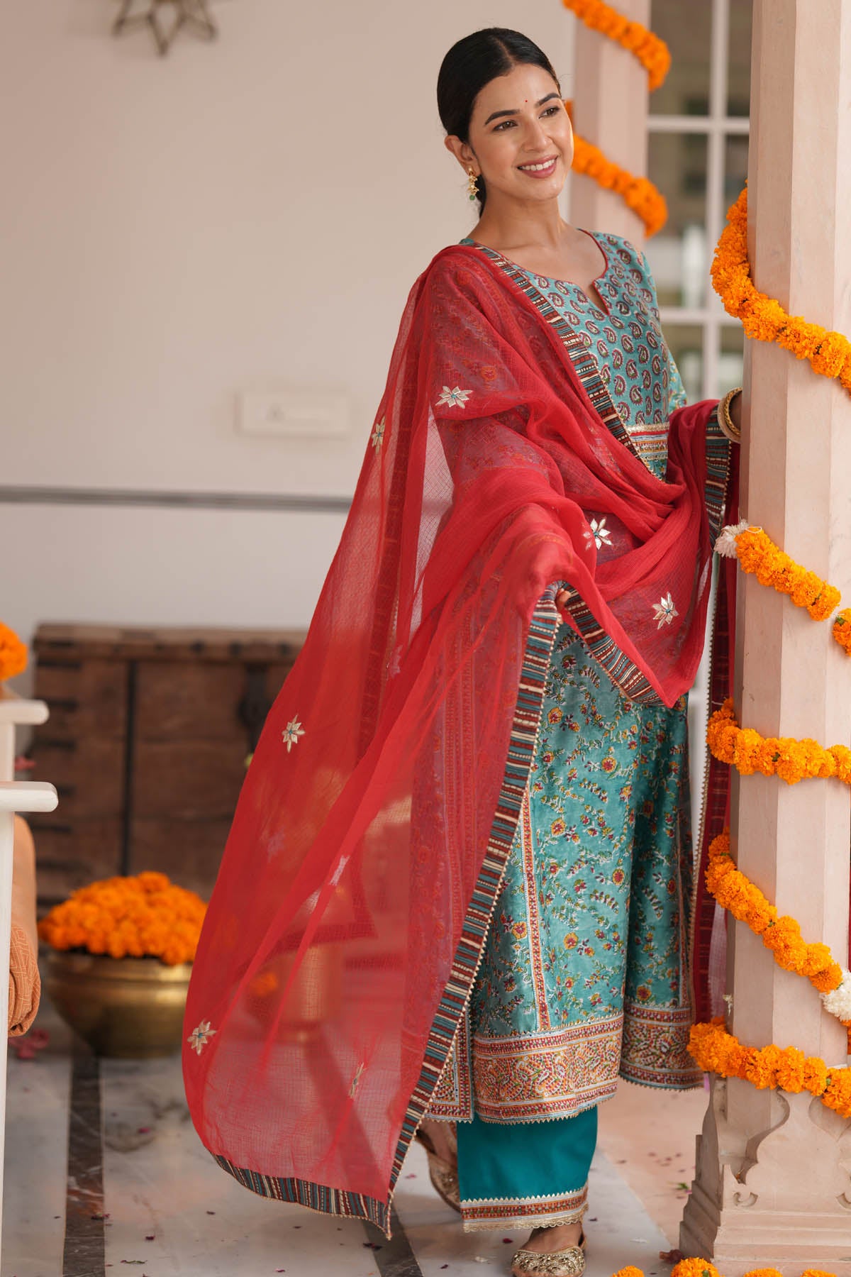 Red Kota Doria Motif Dupatta with Borders