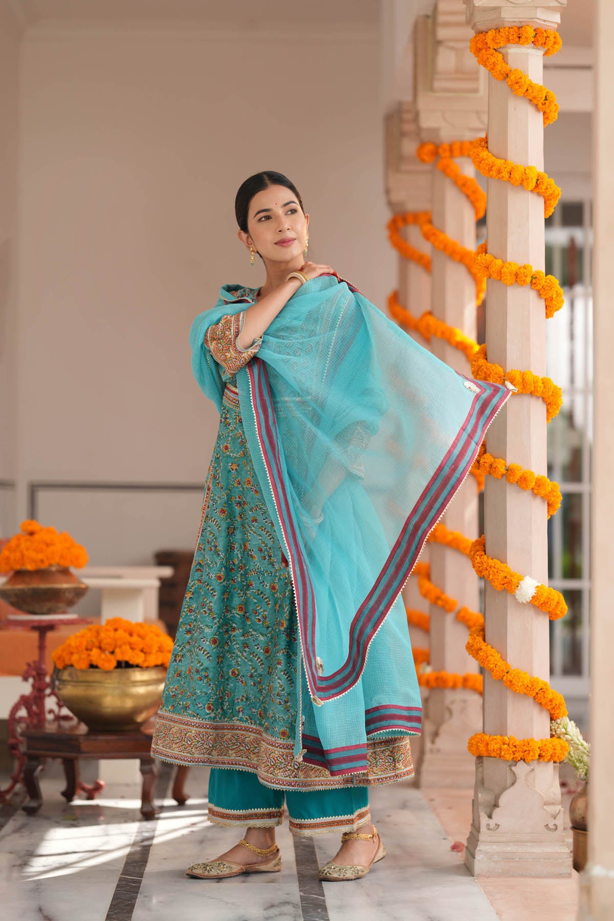 Teal Kota Doria Dupatta