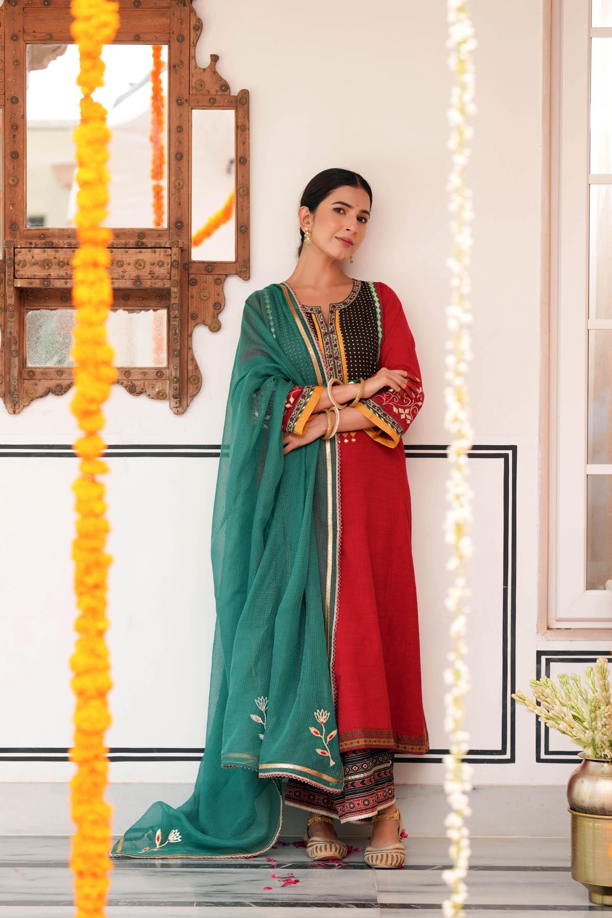 Dark Teal Kota Doria Embroidered Dupatta