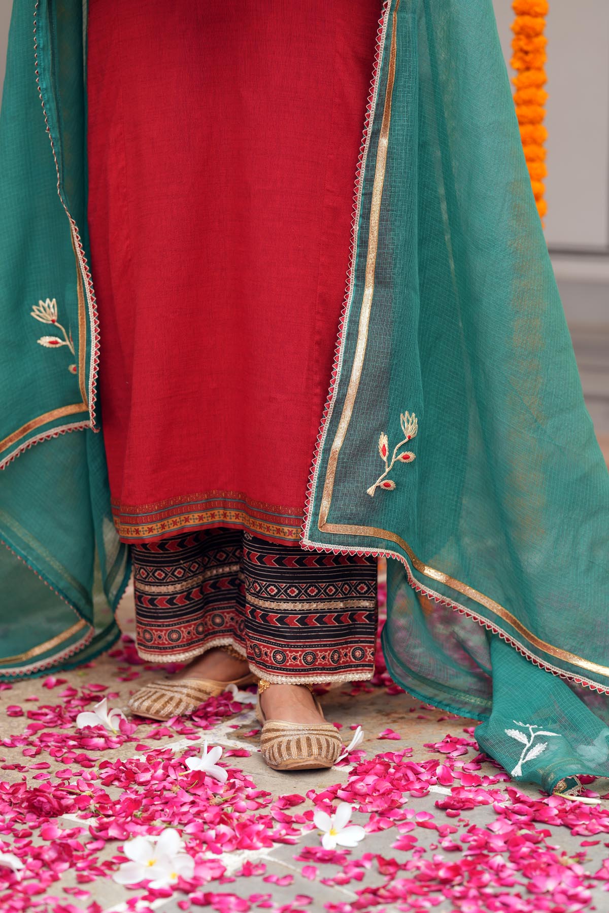 Dark Teal Kota Doria Embroidered Dupatta