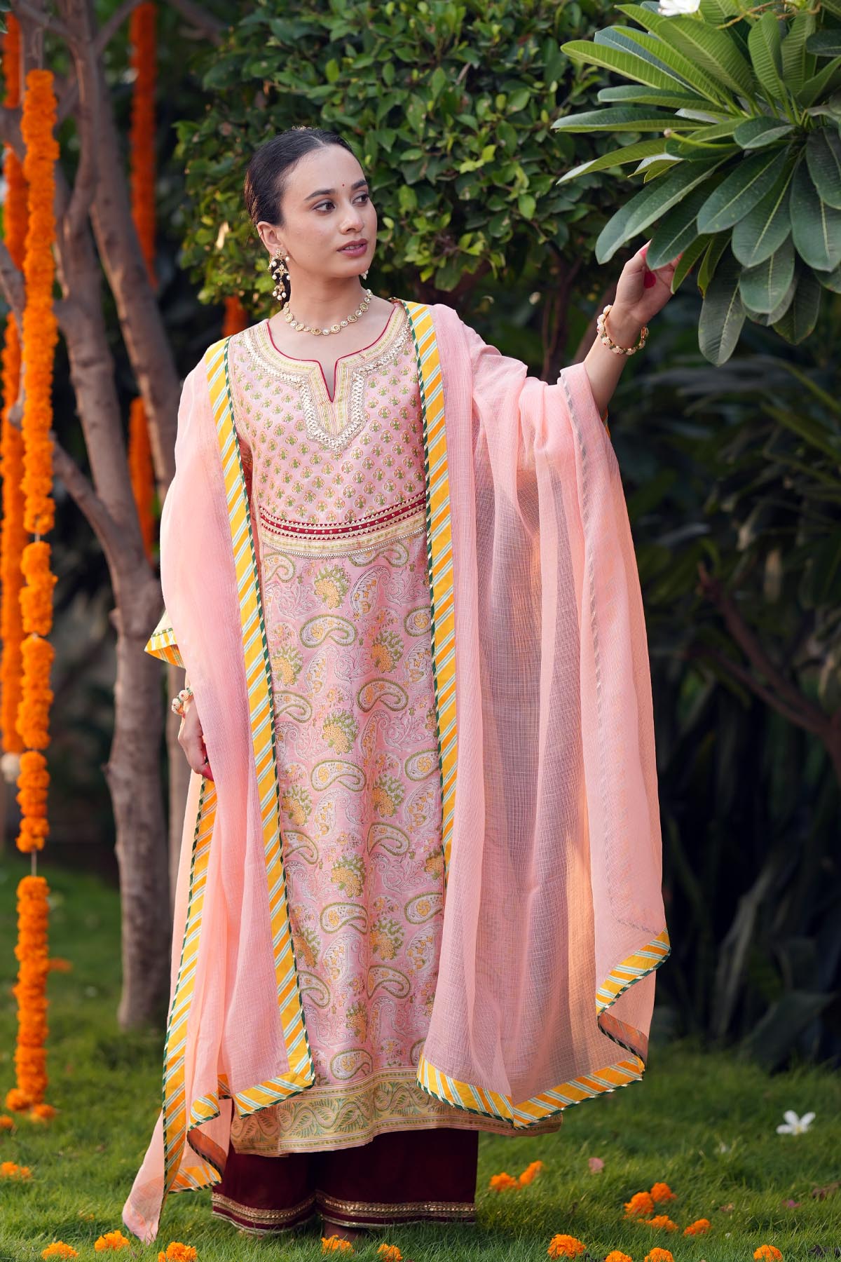 Peach Kota Doria Striped Border Dupatta