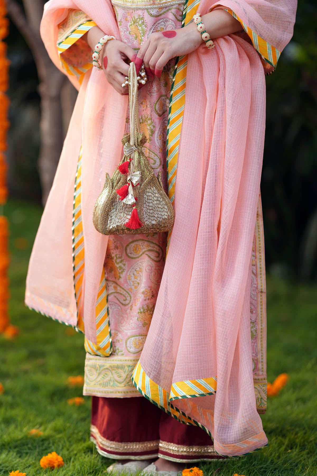 Peach Kota Doria Striped Border Dupatta