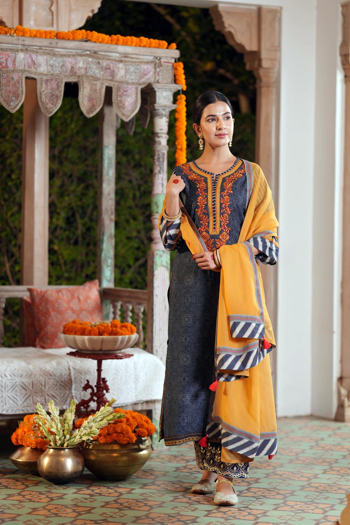 Mustard Yellow Kota Doria Striped Dupatta