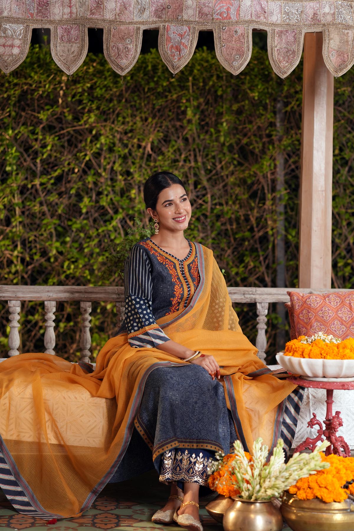 Mustard Yellow Kota Doria Striped Dupatta
