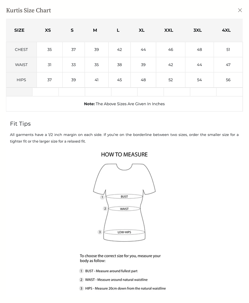 Size Guide for Cream & Green A-line Handblock Kurta