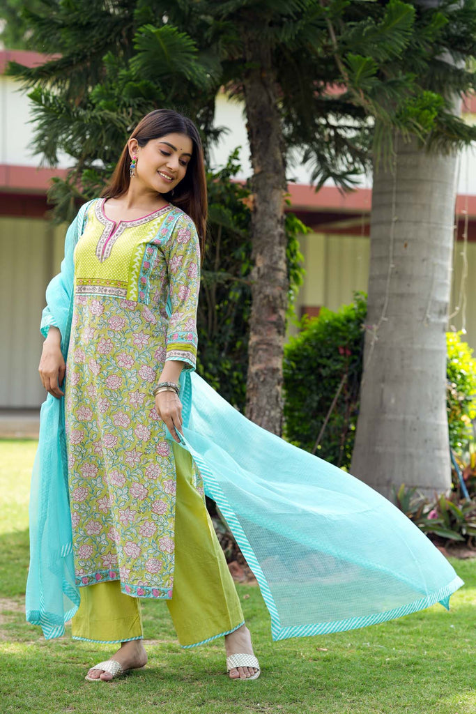 Lime Green Straight Fit Kurta In Handblock Cotton