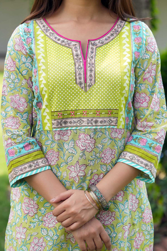 Lime Green Straight Fit Kurta In Handblock Cotton