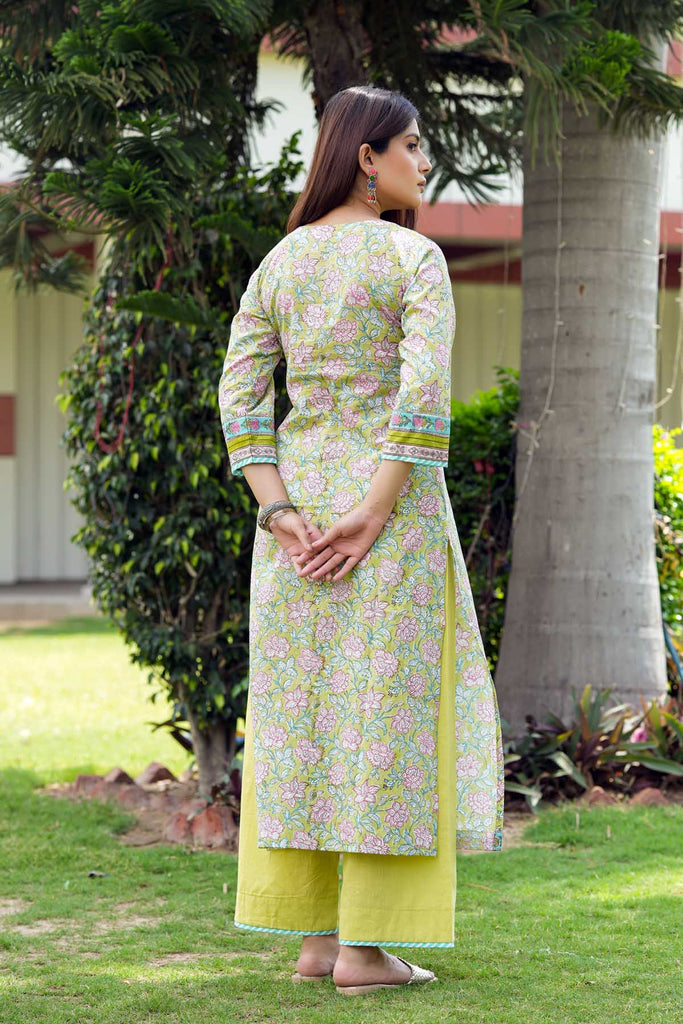 Lime Green Straight Fit Kurta In Handblock Cotton