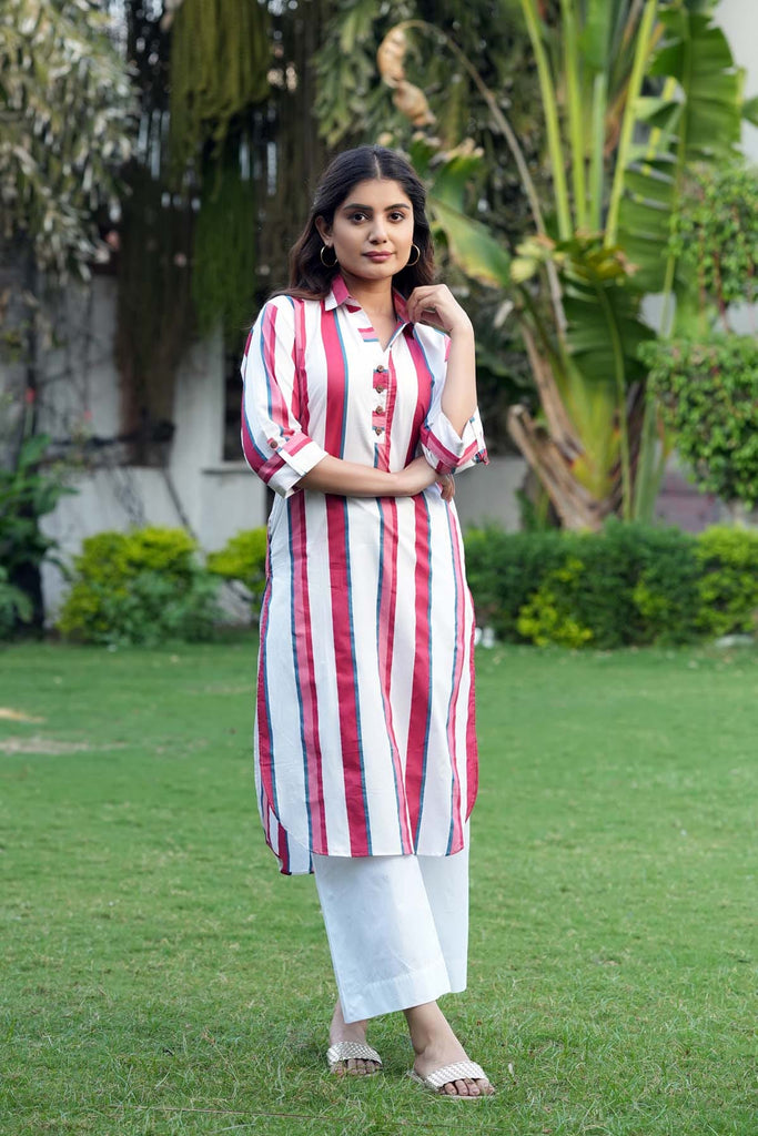 White Striped Kurta/Pant Set In Pure Cotton