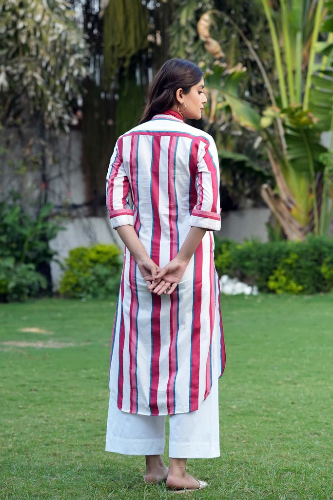 White Striped Kurta/Pant Set In Pure Cotton