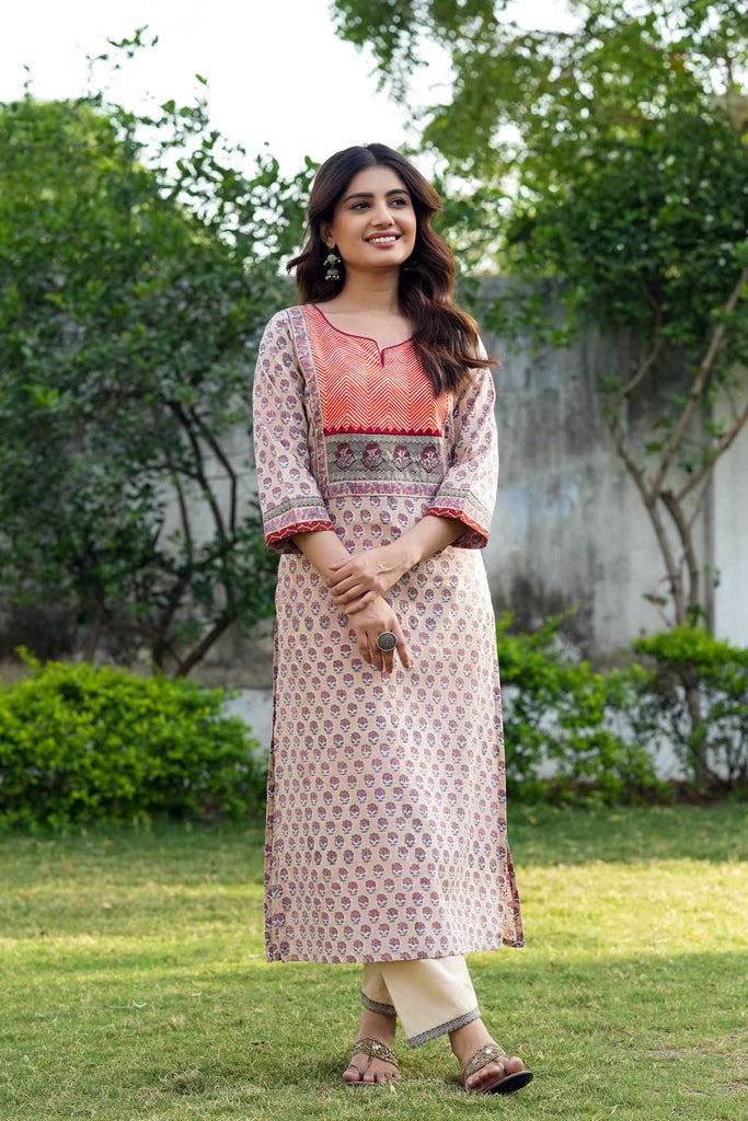 Peach Long Length Straight Fit Kurta