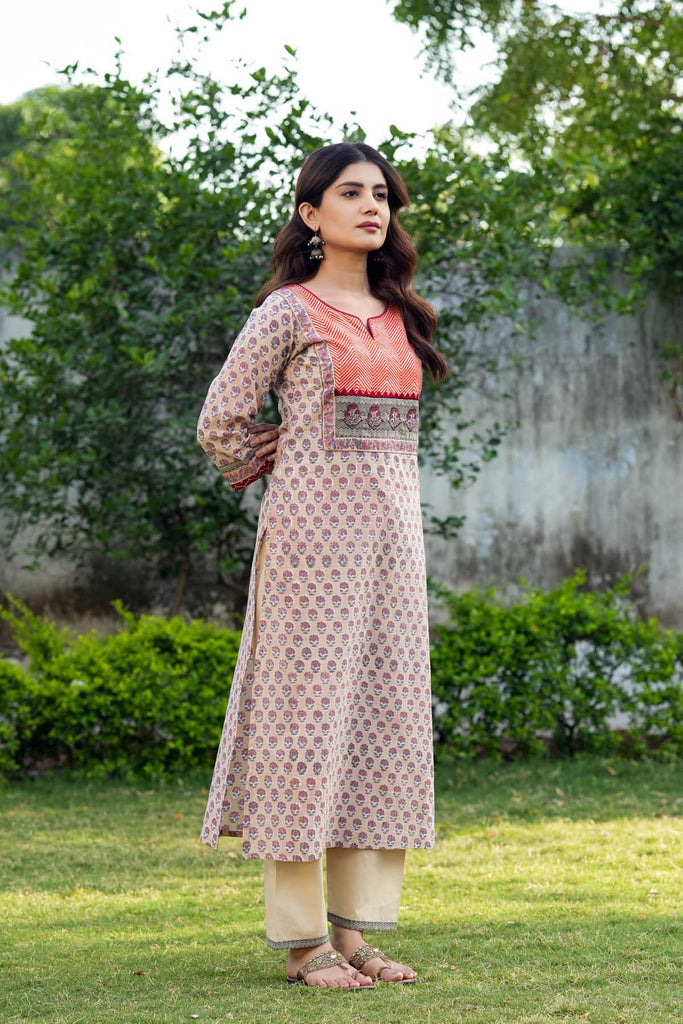 Peach Long Length Straight Fit Kurta