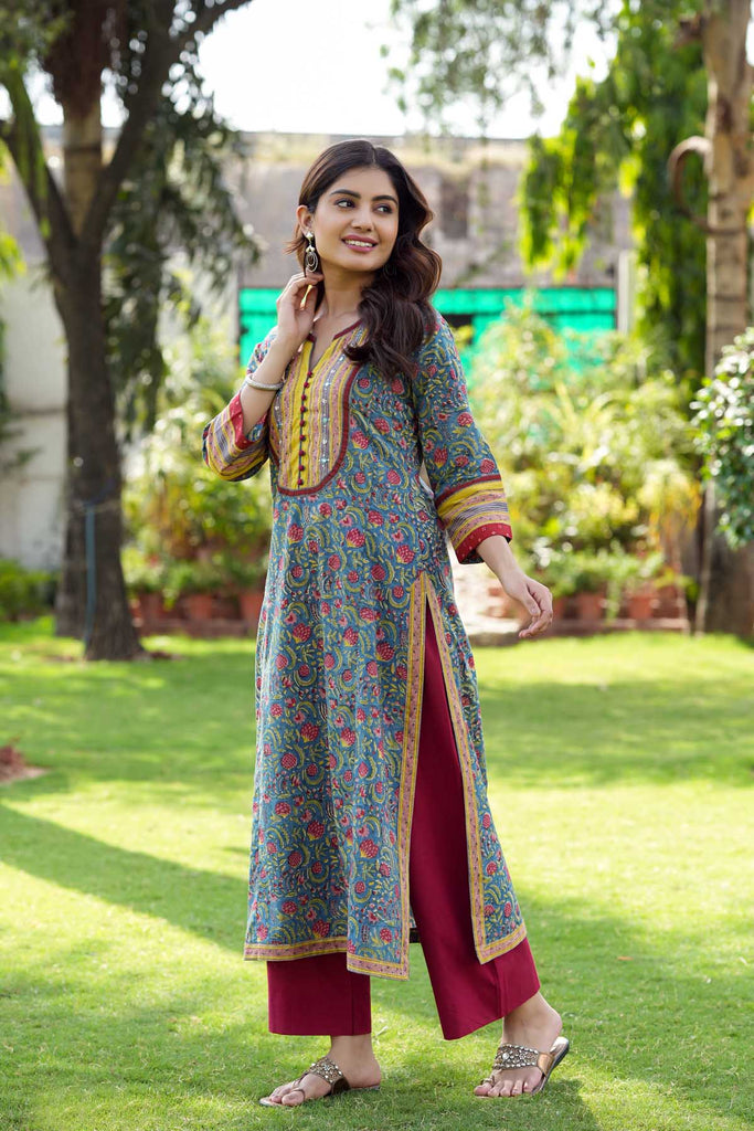 Long Length Teal Blue A-Line Kurta