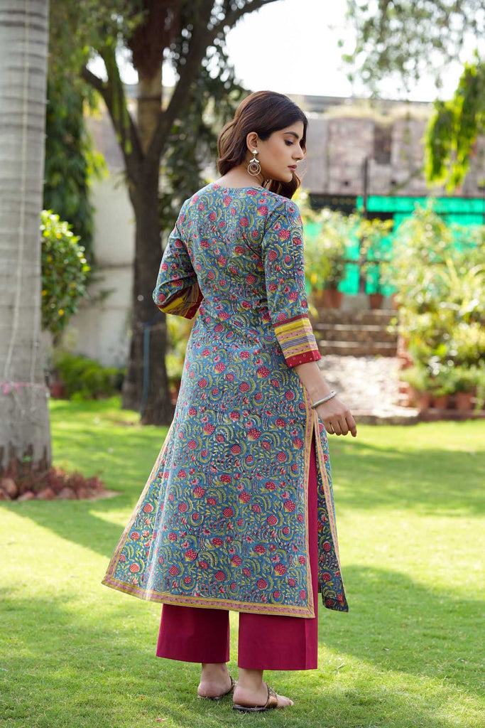 Long Length Teal Blue A-Line Kurta